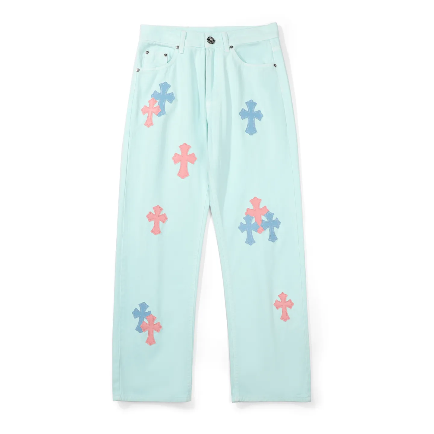 P260 Chrome Hearts light blue blue trousers, pink and blue patchwork leather couple's best friend jeans. CH jeans need to be washed and then disassembled and hand-stitched with sheepskin cross leather and then spliced ​​together. The whole piece has too many craftsmanship to explain. The patches are decorated with cross flowers, and the high-waisted washed jeans! ! Absolutely high-end luxury products, god-level single products and super popular products, made with top heavy industry, a must-see magic weapon. Customized hardware. The fabric is thick and soft after washing. It has good breathability. Customized small leather label. Unique design. The details are simple and elegant, and the workmanship is exquisite. The entire trousers are neatly routed and the details are in place! It’s so cool that both men and women can easily control the genderless trend! Color: Picture color Size: 28 30 32 34 36